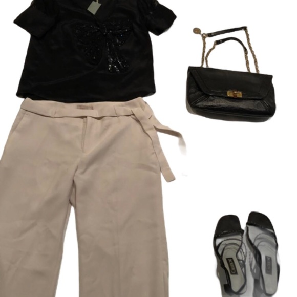 Hoss Intropia Black Silk Top with Beaded/ Sequin Bow and Puffed Sleeves - Picture 12 of 13